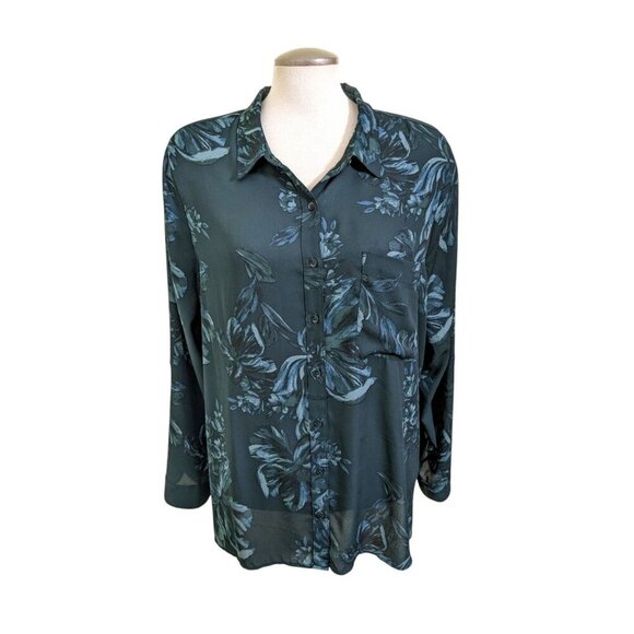 Reitmans Womens Button Up Shirt Plus 2X Green Dark Floral Roll Tab Long Sleeve - Picture 1 of 6